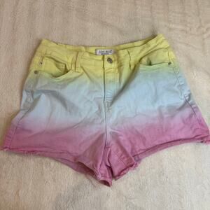 Judy Blue Ombre Tie Dip Dye Stretch Denim Cutoff Jean Shorts XL Pink Yellow Blue
